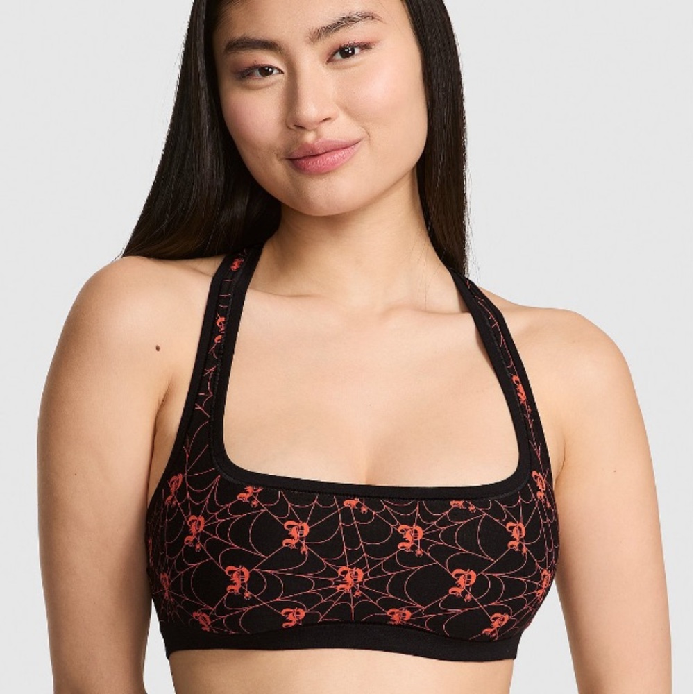 Stylish Black Halter Top with Red Spider Web Design Halloween